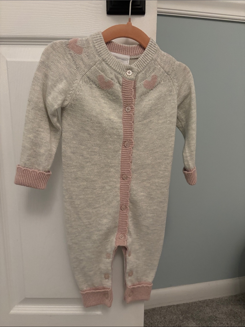 the little white company- Cream/Grey and Pink Knit One-Piece Romper - Baby Girls